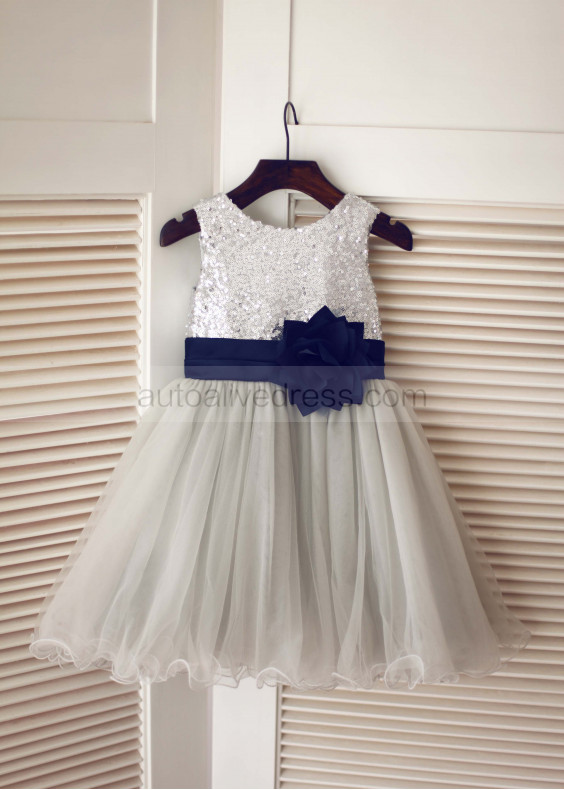 Silver Sequin Gray Tulle Curly Hem Knee Length Flower Girl Dress